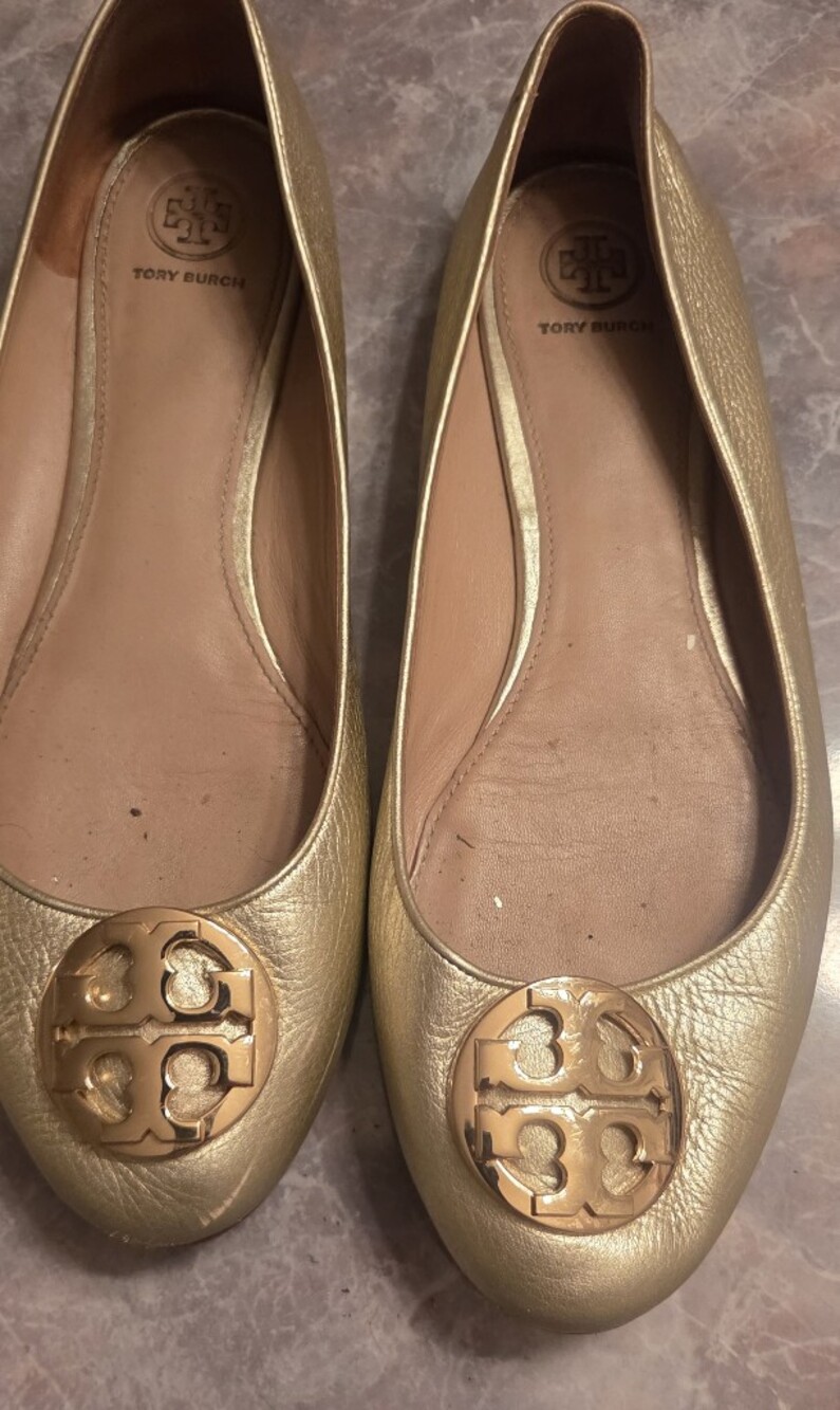 Tory Burch Metallic Gold Leather Ballet Flats with Logo Medallion